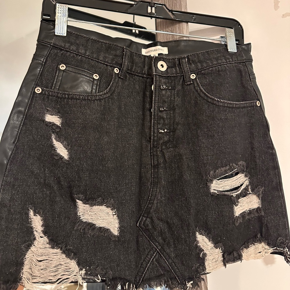 Black half denim half leather mini skirt!
